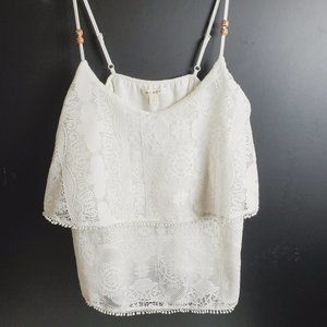 Miami Lace Cream White 2-Tier Lace Top Adj Straps Pom Pom Trim Fully Lined Sz S